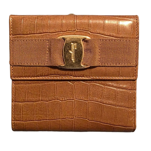 Salvatore Ferragamo Handbags - Salvatore Ferragamo Tan Croc-Embossed Wallet